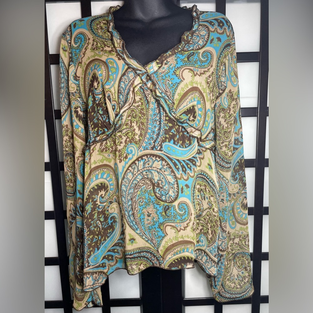 Apt 9 Brown Tan Teal Paisley Sheer Top with Flare Sleeves | Large